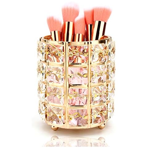 QWEF Organizador de Brochas de Maquillaje de Cristal,Portacepillos de Maquillaje Portalápices para Almacenamiento Pinceles de Maquillaje Delineadores Lápices Dorado Cover