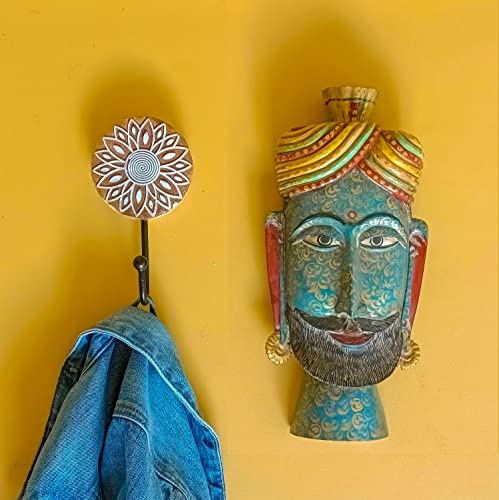 Mandala Life Art Boho Chic Decorative Wall Hook - Pack Of 3 - Natural Raw Mango Wood - Hand Curved Wooden Stamp With Metal Hook For Coats,Towels, Keys,Clothes - Jewelry Hanger #TOP5