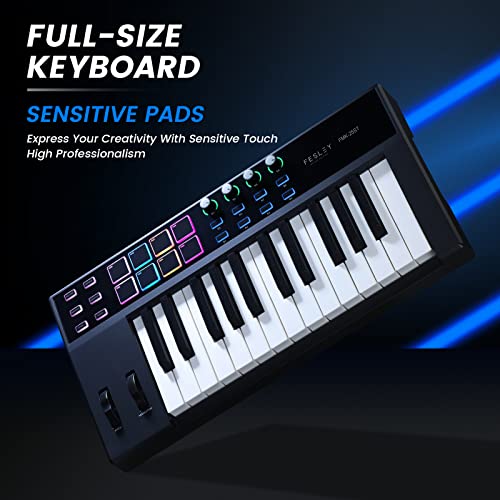Fesley 25 Key Usb Midi Keyboard, Full-Size Midi Controller Keyboard For Music Production, Professional Music Production Equipment, Midi Keyboard Controller With 8 Backlit Drum Pads, 4 Knobs #TOP1