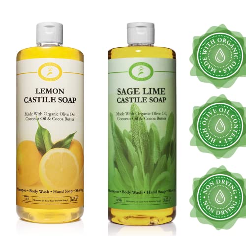 Sage Lime and Lemon Castile Soap Liquid Bundle - 32 oz - Carolina Castile Soap - Vegan & Pure Organic Concentrated Non Drying All Natural Formula Body Wash & Shampoo
