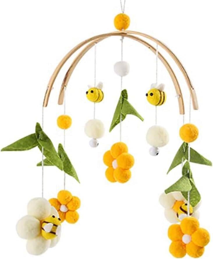 Ceiling Cot Mobile for Boys and Girls - Gender Neutral Felt Ball Mobile with Bee Theme
