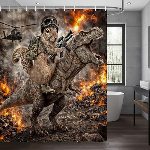 Image of Funny Squirrel Warrior Riding Dinosaur Shower Curtain, Waterproof Fabric Bath Curtain Set with Hooks, Funny Animal Shower Curtain for Kids Men Bathroom, 72X78 Inches