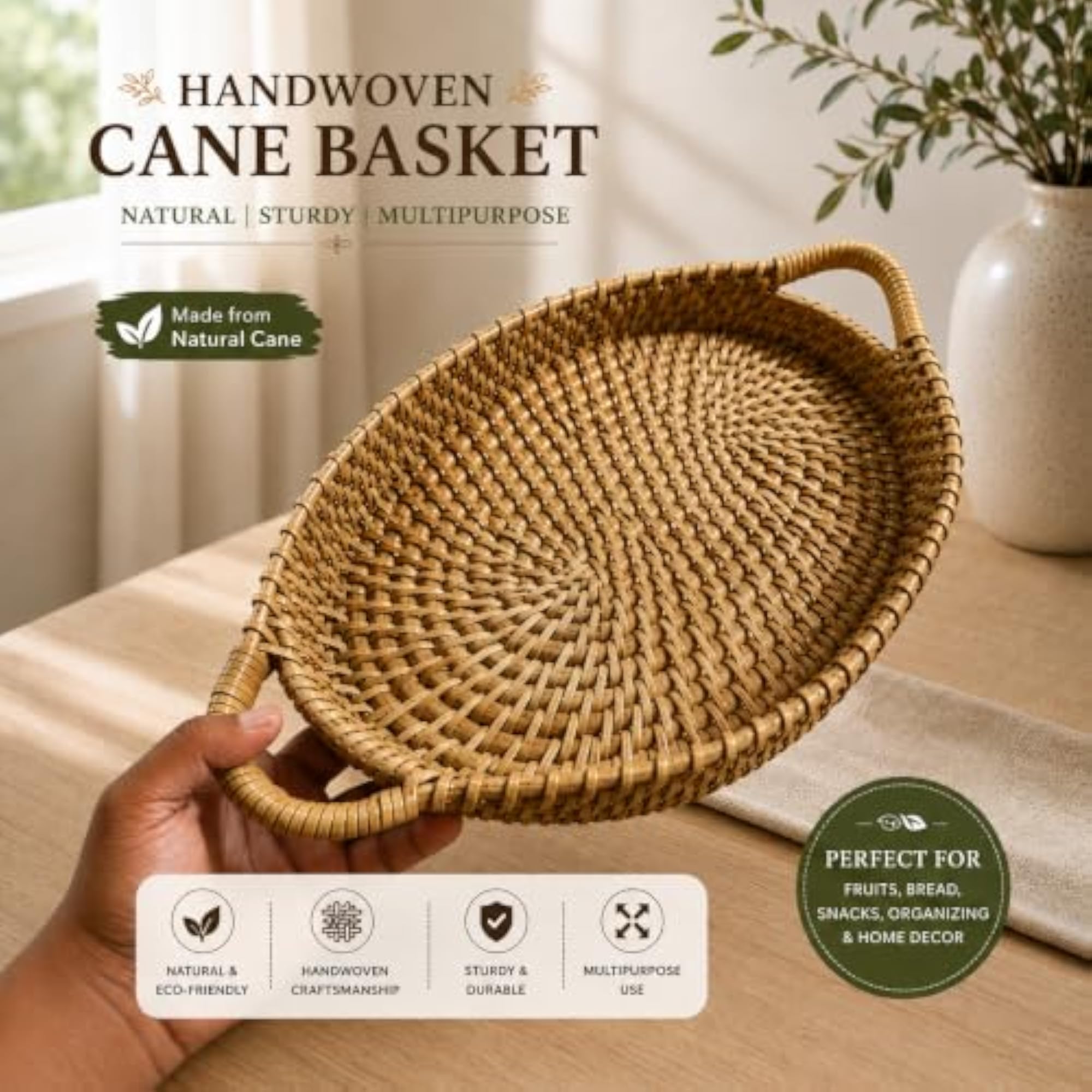 Handwoven Cane Basket Tray with Handles