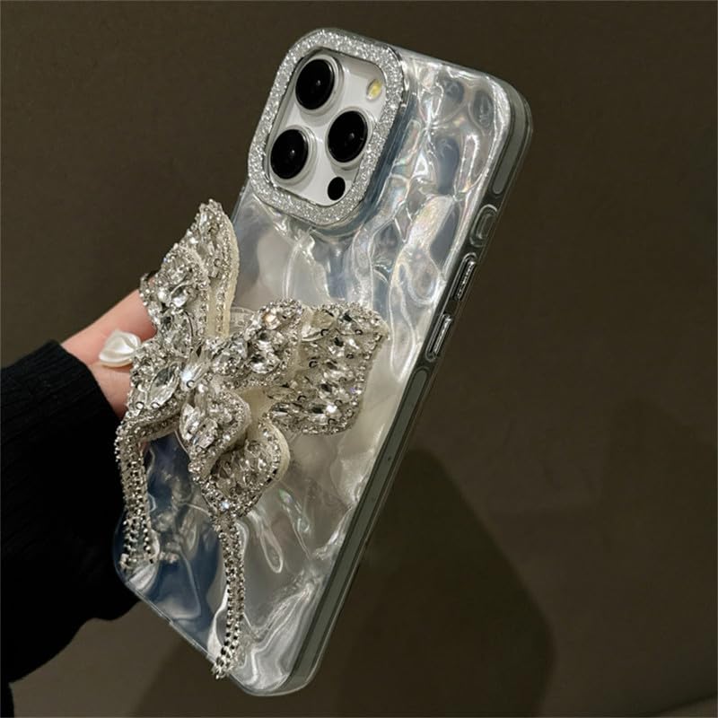 Image of COVERLY for iPhone 12 Pro 3D Butterfly Tassel Diamond Holder Stand Wrinkle Artistic Phone Case, Luxury Rhinestone Glitter Bride Water Ripple Lens Protection Holographic Cover for Apple iPhone 12 Pro