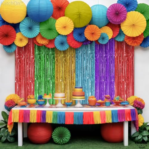 Image of KatchOn, XtraLarge Rainbow Streamers - 3.2 x 8. Ft, 2 Pcs | Multicolor Fringe Curtain for Fiesta Party, Hawaiian, Luau, Unicorn Birthday Decorations | Rainbow Backdrop for Back to School Decorations