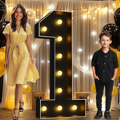 Image of Pooqla 4FT Marquee Light Up Numbers 1 for 1st Birthday Decorations | Black LED Marquee Numbers Party Backdrop, 4 Feet Large Mosaic Numbers 1st 16th 18th Anniversary Birthday Gift for Boys Men