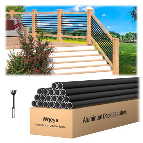 Wqeya 20 Pack 10 FT x 5/8 inch Aluminum Horizontal Balusters, AAMA2604 Finish, Matte Black Round Stair Balusters Indoor with Drill Bit, Hollow Stair Spindles for Outdoor Deck Porch Railing