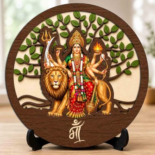 Image of Sherawali MATA Wooden Idol with Stand for Home Temple, Puja Room, Office Desk & Indoor Mandir Decor - 5x5 Inch