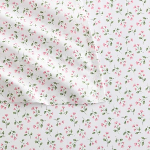 Image of Martha Stewart - Twin Size Sheet Set, Crisp & Tailored Bedding with a Smooth Cotton Percale Feel, Deep Pocket, Bed Sheets with Matching Pillowcase & Fitted Sheet (Kennedy Floral Pink)
