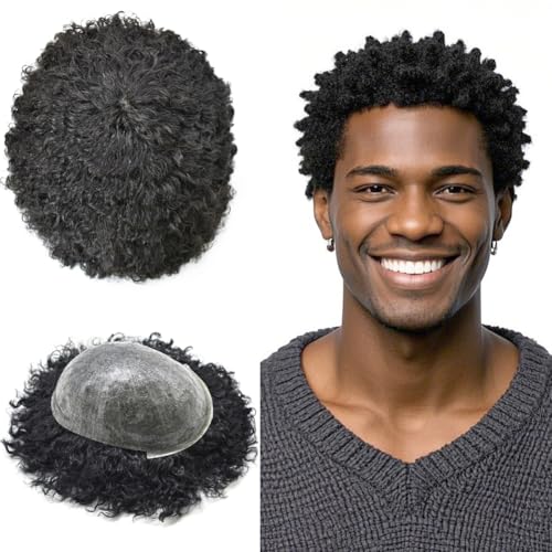 Afro Curl Toupee for Black Men All Poly Mens Toupee Human Hair Replacement Systems Kinky Curly Hair Units for Black Man African American Mens Wig 10mm afro wave 1B# OFF BLACK
