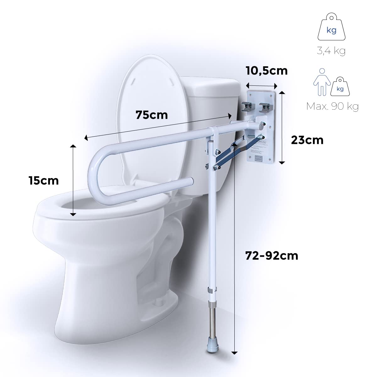 Mobiclinic, Maniglione ribaltabile bagno, Cimbra, Di sicurezza da muro, Marchio europeo, Disabili, Per e anziani, Regolabile in altezza, 15x75 cm