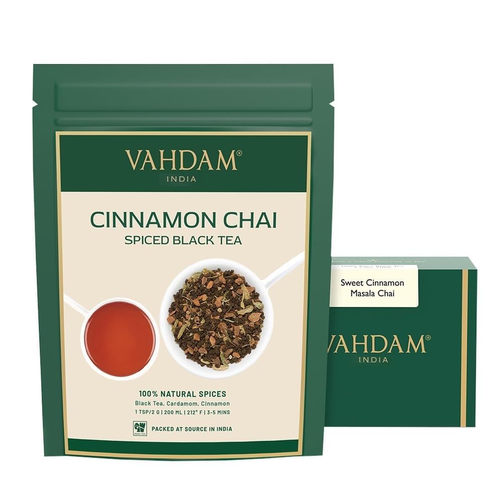 Sweet Cinnamon Masala Chai Tea (100 Cups) | 100% Natural Spices | Ancient Cinnamon Tea Recipe | Spiced Chai Tea Loose Leaf | Brew Hot Tea, Iced Tea or Chai Latte | Black Tea | Set of 2 (200g)