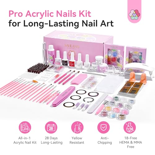 Image of SAVILAND Acrylic Nail Kit with U V Light: HEMA & MMA Free Acrylic Set with Nail Drill Clear White Pink Acrylic Powder, 3 Colors Gel Nail Polish, Complete Manicure Tools for Acrylic Nail Home Salon Use