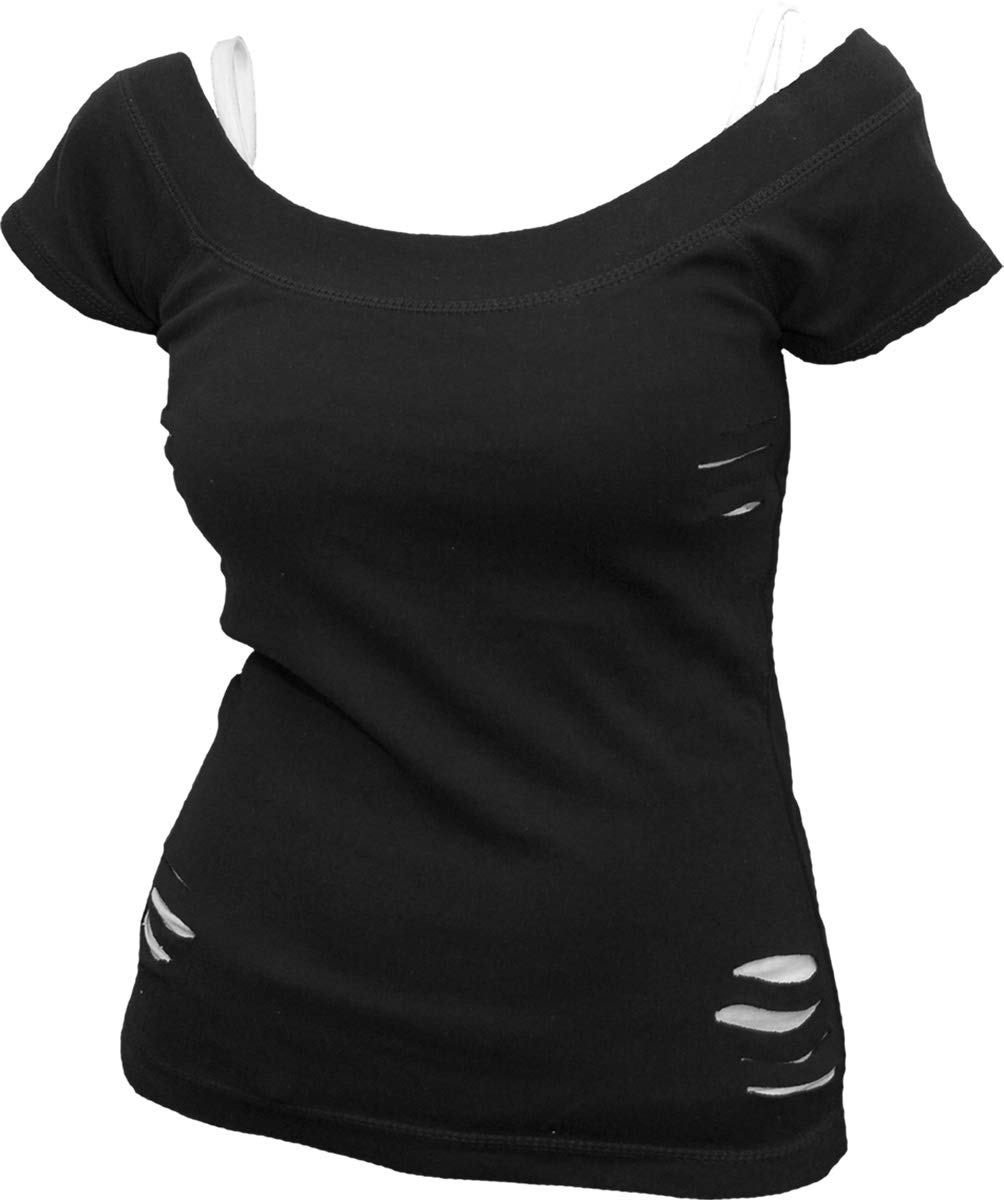 Spiral Direct Women's Urban Fashion - 2In1 White Ripped Top Black Regular Fit T - Shirt, Black (Black & White 008), 24 (Manufacturer Size:XXL)