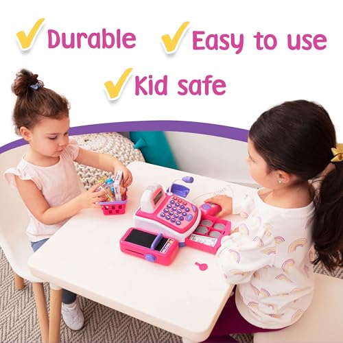 Image of Prextex Grocery Store Pretend Play Electronic Toy Cash Register Set - STEM Cash Register for Kids with Microphone, Play Money, and Food Basket - Kids Checkout Toys with Scanner- Pink