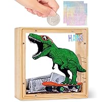 Wooden Piggy Bank for Kids Boys Girls, DIY Name Coin Bank Unicorn Dinosaur Money Bank with Letter Stickers