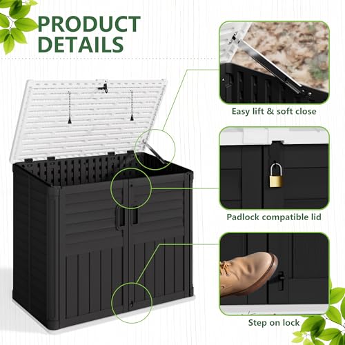 Image of Greesum Outdoor Trash Can Storage Shed, 34 Cu.ft Waterproof Horizontal Storage Shed, Portable Horizontal Resin Storage Shed for Garden, Backyard, Patio, Dark Black