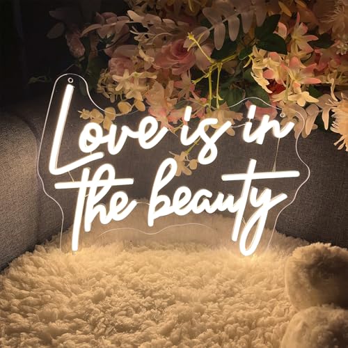 Image of Love is in The Beauty Neon Sign Spa Beauty Room Brows Lashed Salon Studio LED Wall Art Decor For Business Stores Logo Barber Shops Led Indoor Custom Neon Lights 5V USB Powered Warm White 40x29.7 CM