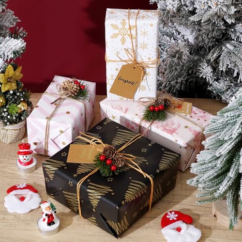 Geschenkpapier Weihnachten 4 Rollen Set, Gold geschenkpapier rolle, Weihnachtsgeschenkpapier Christmas Geschenkfolie Weihnachtspapier Xmas Wrapping Paper Mit Aufkleber Tags Papierseilen 43 * 300cm