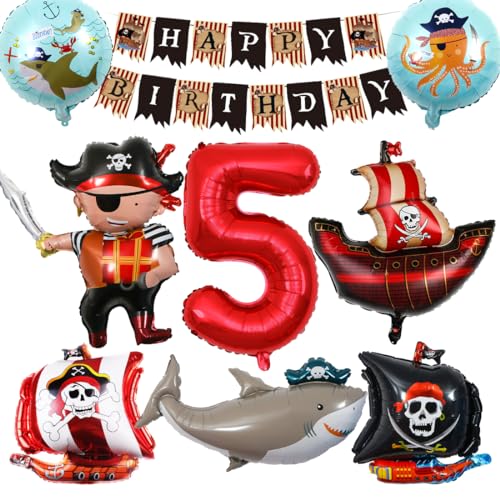 Bluelves Piraten Kindergeburtstag Luftballons 5 Jahre,Piratenschif Folienballons Geburtstagsdeko,Ozean Tiere Hai Helium Luftballon,Piratenschiff Ballons Deko für 5 Jahr Kinder Geburtstagsfeier