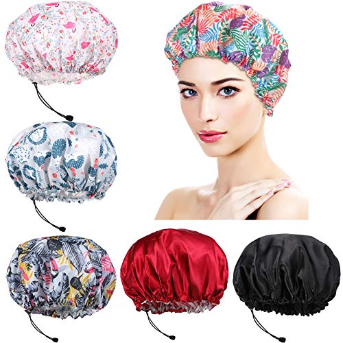 6 Pieces Adjustable Shower Caps Extra Large Double-Layer Hair Cap Satin Lined Waterproof Bathing Hat for Women Girls Various Hair Lengths, 6 Colors