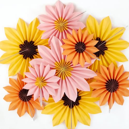 Homarkable 9 PCS Paper Flowers Decorations, Yellow, Pink and Orange Birthday Decorations, Sunflower Folding Paper Fans, Classroom Decoration Floral Backdrop Decor