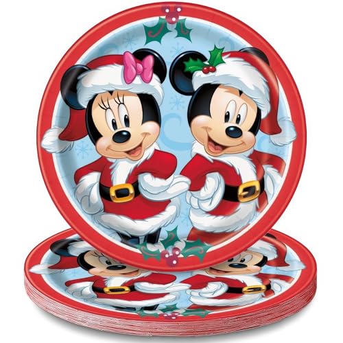 Unique Disney Red Mickey & Minnie Mouse Christmas Round Paper Dinner Plates - 9