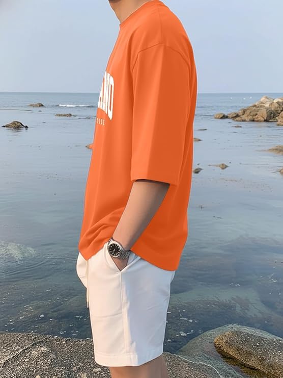 Image of LEOTUDE Men's Oversized T-Shirt | Cotton Blend | Half Sleeve | Crew Neck | Printed | Orange