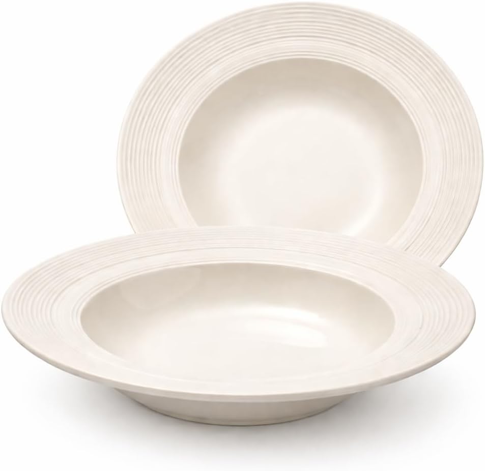 9.5" Wide-Rim Pasta Bowl Set of 2, Cream White Ceramic Shallow Bowl with Textured Grooved Rim, Modern Restaurant-Style Dinnerware for Pasta, Salad & Balanced Meals, Dishwasher & Microwave Safe