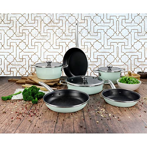 Magefesa Nordic Batería Cocina Inducción 9 Piezas, Antiadherente Libre PFOA Esmalte Exterior Verde Menta, Set Cazuelas Tapa Vidrio, Sartenes, Herrajes Inox Satinados, Retro Estilo Vintage