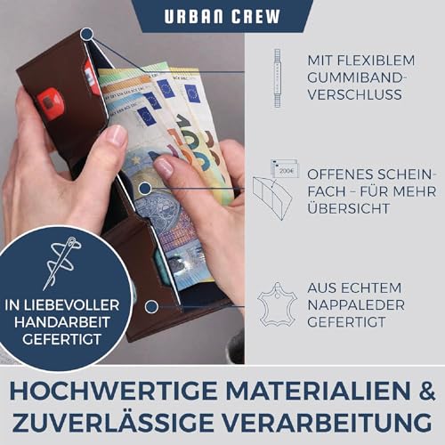 Image of URBAN CREW Smart Slim Wallet for Men - RFID Blocking Leather Card Holder with Swipe-Up Slot & Elastic Strap - Minimalist Front Pocket Wallet (Brown)
