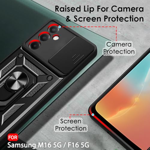 Image of TheGiftKart Tough Armor Bumper Back Cover Case for Samsung Galaxy M16 5G / F16 5G | Sliding Camera Cover, KickStand & Ring Holder | 360 Protection Back Case for Samsung M16 / F16 5G (PC & TPU, Black)