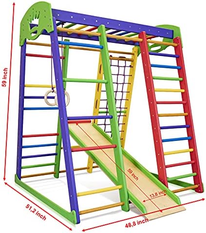 Wooden Playgrounds Akvarelka Home Gymnastic, Wood Indoor Jungle Gym Sets, Climbing Kids, Indoor Children Playground, Baby Play Area Complete with Climbing Ladder Slide Rings & Swing, Sport