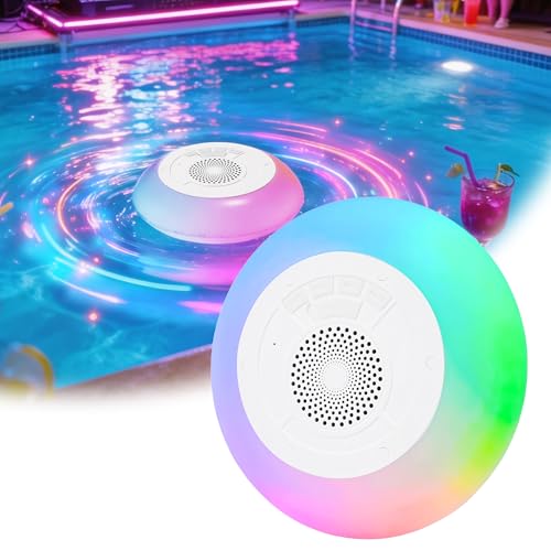 MOBILFI Floating Pool Speaker with Colorful Lights, IP68 Waterproof, Wireless Bluetooth, Built-in Mic, Surround Sound, for Outdoor Use and Hot Tubs (White)