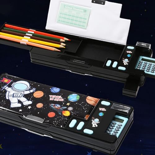 Image of Pop Up Multifunction Pencil Case, Cute Cartoon Pen Box Organizer Stationery with Calculators, Sharpener, Schedule, School Supplies, Best Birthday Gifts for Kids Teens (Black)