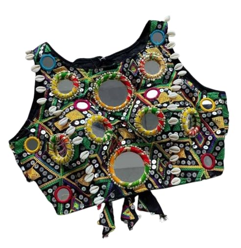 Navratri Blouse for Women, Embellished with Mirrors and Sequins, Fuchsia Pink (in, Alpha, Free Size, Regular, Black)