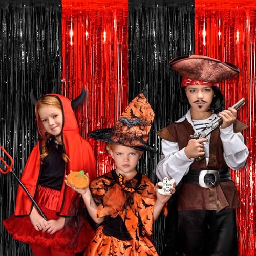 Image of 3 Pack Black and Red Foil Fringe Curtains Backdrop, 3.28 x 9.8 Ft Metallic Streamers Tinsel Curtains Background for Photo Booth, Birthday, Halloween, Christmas, New Year Party Decorations