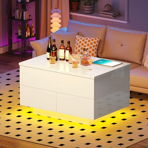 YITAHOME Couchtisch Höhenverstellbar mit Stauraum Wohnzimmertisch Hochglanz mit 16-Farbiger LED, Kaffeetisch mit Schubladen und Anhebbarer Platte, Weiß, 80 x 55 x 46 cm YITAHOME Couchtisch Höhenverstellbar mit Stauraum Wohnzimmertisch Hochglanz mit 16-Farbiger LED, Kaffeetisch mit Schubladen und Anhebbarer Platte, Weiß, 80 x 55 x 46 cm