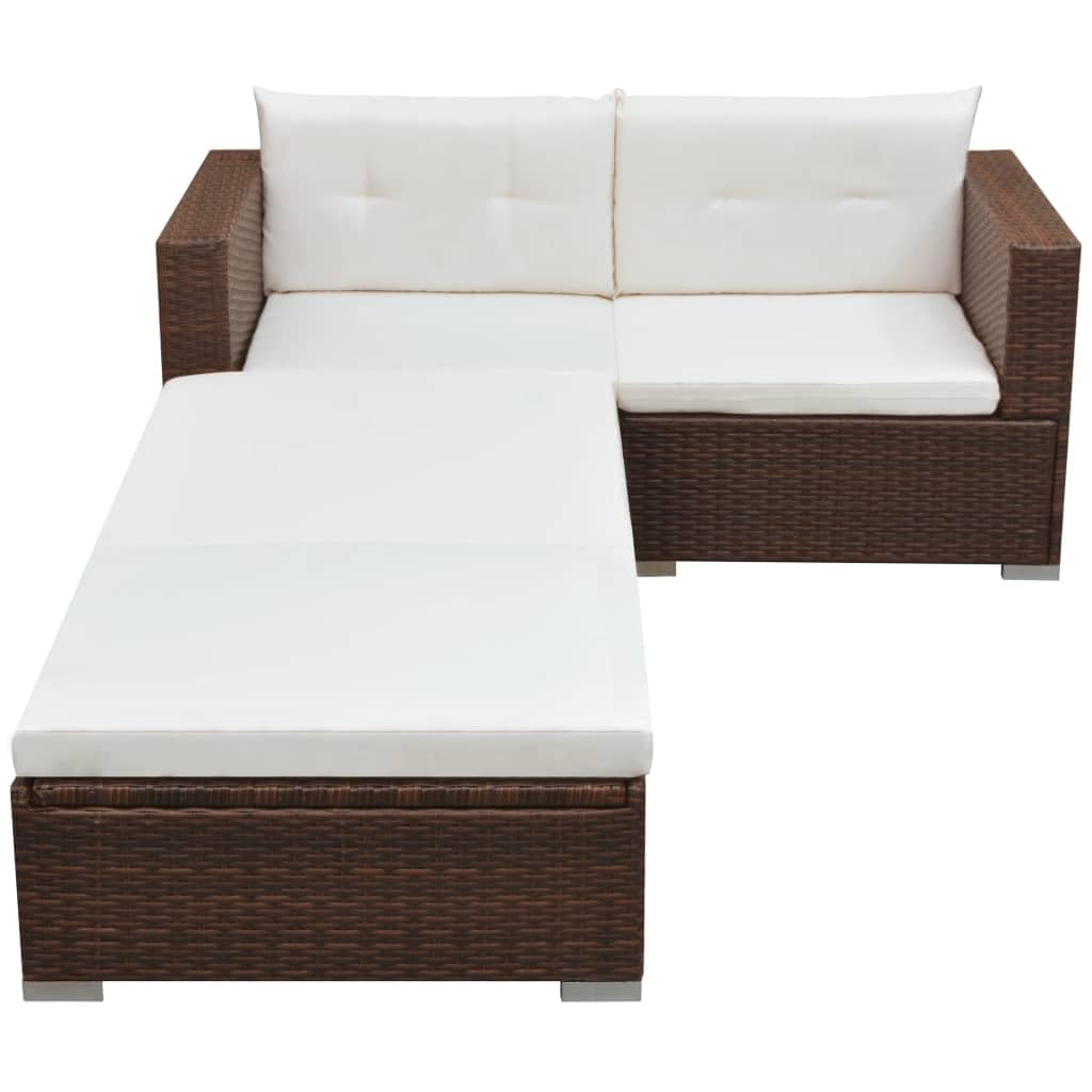 Set Divani da Giardino 3 pz in PE Rattan con Lettino Marrone | Arredo modulare con sdraio reclinabile e cuscini imbottiti per relax in patio, terrazzo o giardino esterno.