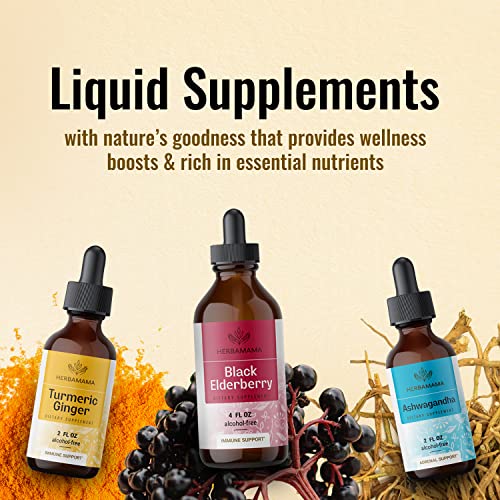Herbamama Organic Liquid Drops Kit - Bundle Of Elderberry Liquid Extract, Turmeric W/Black Pepper Ginger Tincture, & Ashwagandha Extract - Natural Herbal Supplement Non Gmo Alcohol-Free - 3 Pack #TOP5