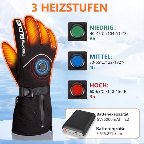 Mincoo Beheizbare Handschuhe Damen Herren mit 2 x 5V 6000mAh Akkus, 3 Stufige, Type-C Ladung, Wasserdicht, Touchscreen, fur Ski Wandern Radfahren (L)