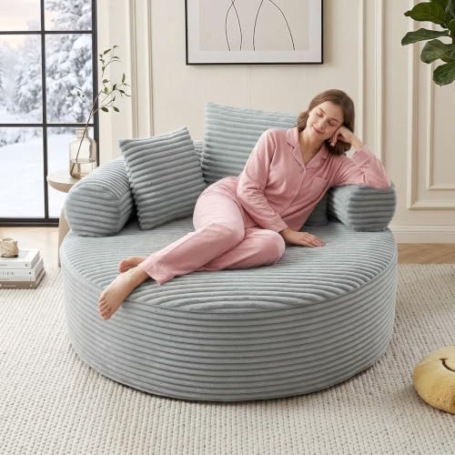 Image of Trustyue Boneless Couch,Comfy Fluffy Sofa Bed,Upholstered Sleeper Sofa with Cup Holder and Throw Pillows,Corduroy Plush Cloud Lounge Chair (Grey, Corduroy)