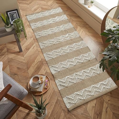 Image of Hand Woven 100% Natural Cotton Export Quality Designer Rug,Carpet, Bed Side Runner for Bedroom,Living Room, Size-2x5 feet (Beige & White)