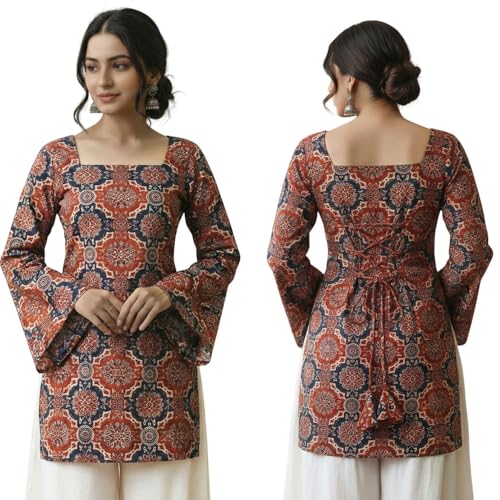 Image of MAHIRA'S Women's Short Kurti, Black Rayon Tunic Top with Embroidered Sleeves, 3 /4 Designer Sleeves