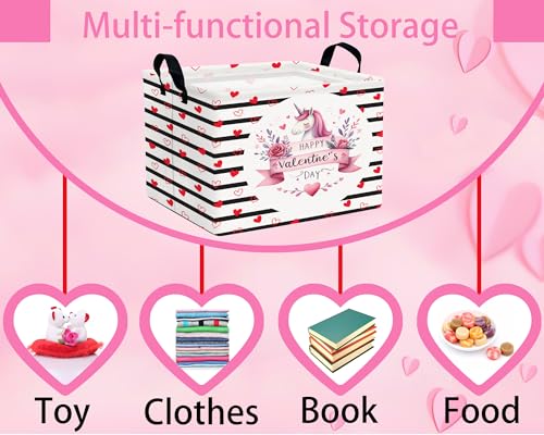 Image of Valentines Day Basket for Kids Heart Shaped Empty Storage Bins for Gifts with Handles Room Decor (Black Dash Love Unicorn)