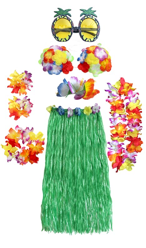 HBell 8PCS Hawaiian Hula Skirt Costume,Hawaii Grass Skirt,Hawaiian Lei,Flower Bikini Top,Pineapple Set for Adults Fancy Dress Supplies Luau Party Summer Beach Tropical Party Decorations (Green)