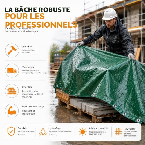 Bâche verte 2x2 m 200g/m² imperméable avec œillets pour extérieur