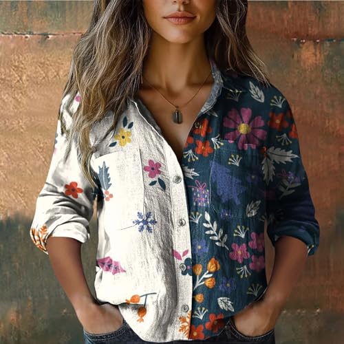 Womens 3/4 Sleeve Shirts Vintage Boho Retro Floral Print Tops Ladies Loose Fit Lightweight V Neck Button Down Blouses3