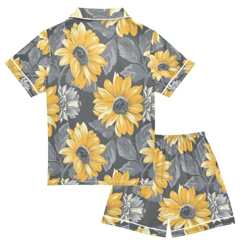 senya Sunflowers Grey Satin Summer Pajama Sets Silk Short Sleeve Button Down Sleepwear2