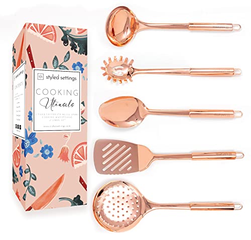 Copper Cooking Utensils for Cooking / Serving, Rose Gold Kitchen Utensils -Stainless Steel Copper Serving Utensils Set 5 PCS-Copper Ladle, Serving Spoon, Pasta Serving Fork, Spatula, Kitchen Skimmer